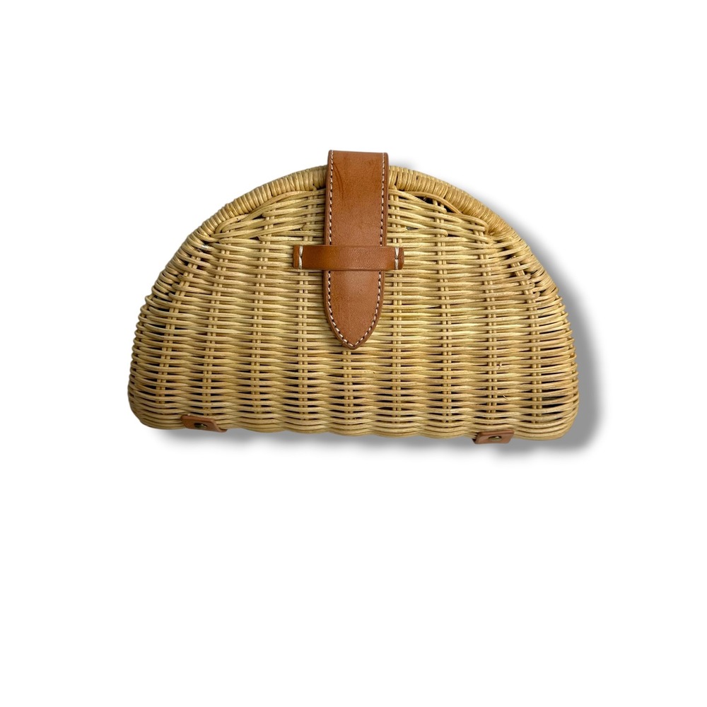 J.Crew Clutch Women OS Tan Woven Fan Rattan Leather Trim Half Moon